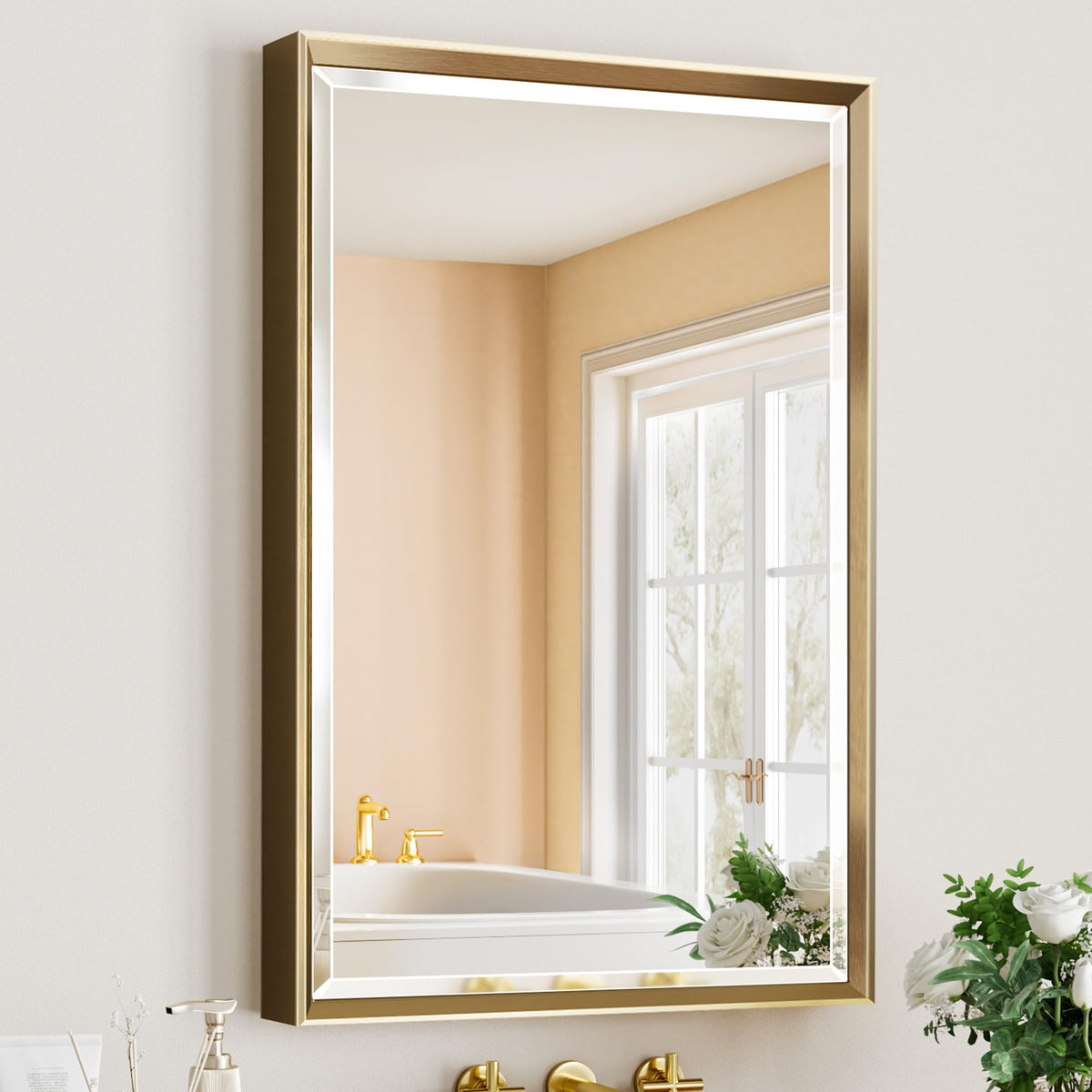 Brushed Nickel Bathroom Mirror, 24x32 Inch Beveled Framed Bathroom Mirror Anti-Rust, Brushed Nickel Metal Frame Bathroom Vanity Mirror for Wall, Vertical/Horizontal Wall-Mounted Mirrors