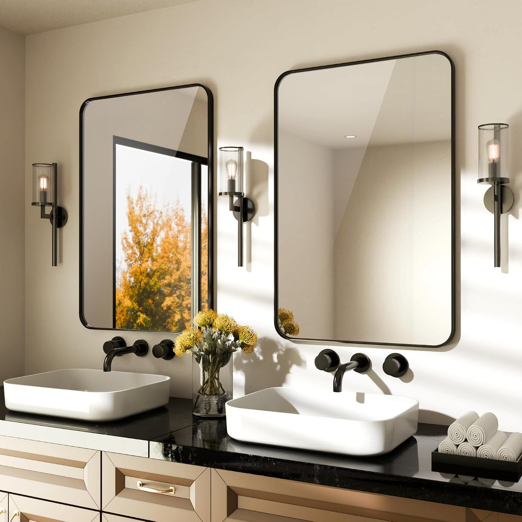 2-Pack Black Bathroom Mirror for Over Sink, 24" x 36" Framed Rectargular Wall-Mounted Bathroom Mirrors for Vanity, Decorative, Farmhouse, Restroom, Horizontally or Vertically Hanging