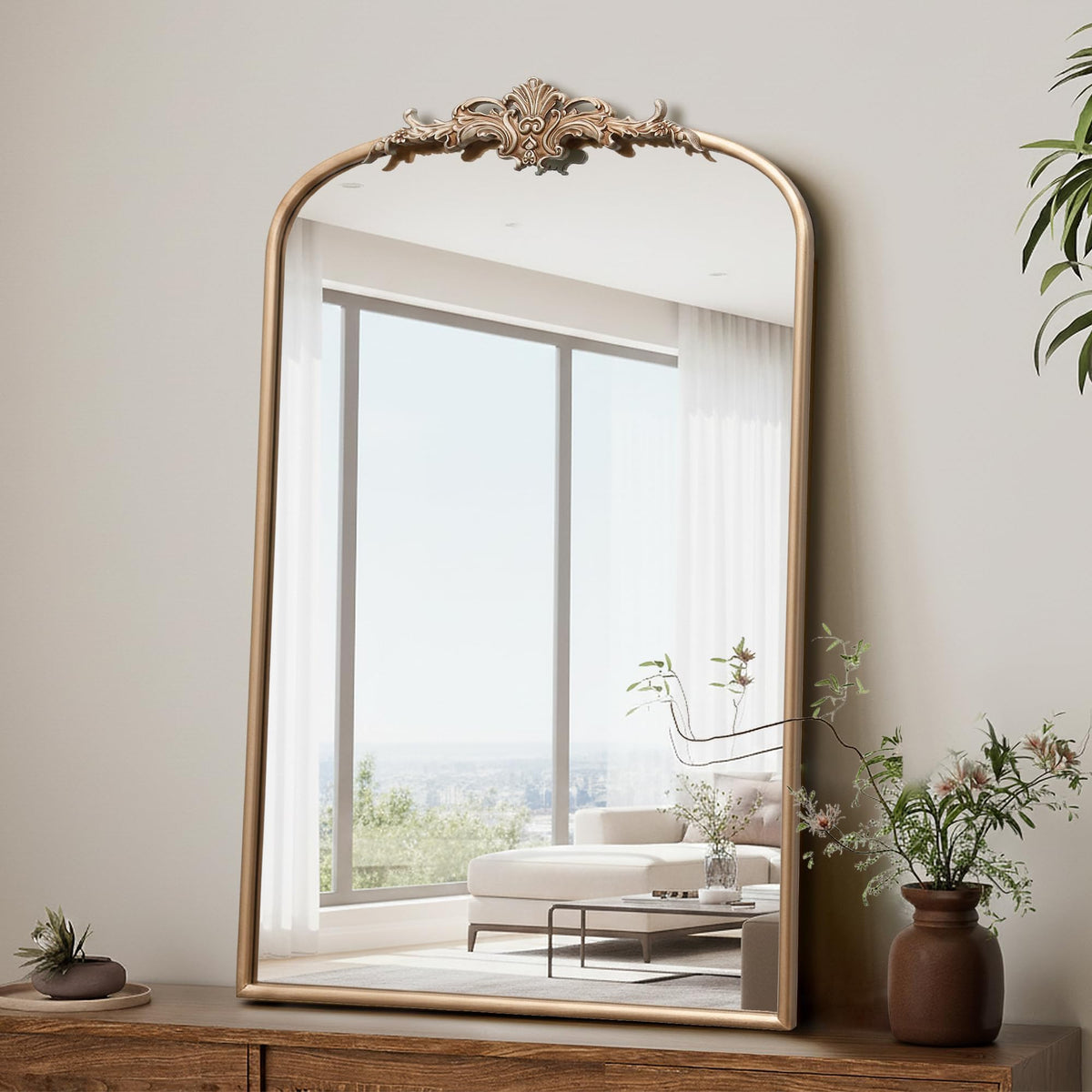 Besdomus Vintage Arched Gold Mirror: 40"x29" Large Brass Antique Decorative