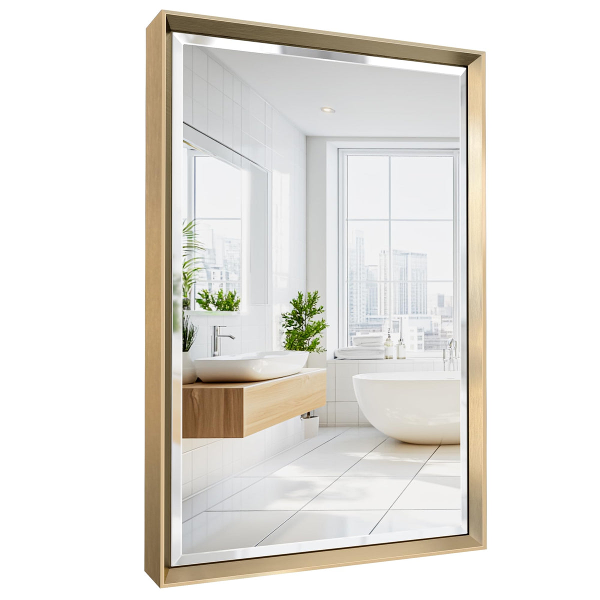 Brushed Nickel Bathroom Mirror, 24x32 Inch Beveled Framed Bathroom Mirror Anti-Rust, Brushed Nickel Metal Frame Bathroom Vanity Mirror for Wall, Vertical/Horizontal Wall-Mounted Mirrors