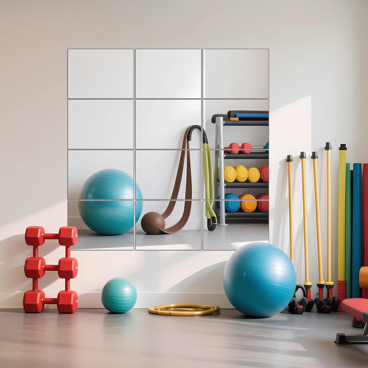 Home Gym Mirror Tiles, 12" x 12" x 12PCS Wall Mirror Tiles Frameless Glass