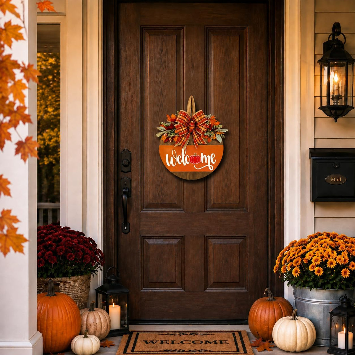 Fall Door Sign for Front Door, Wooden Welcome Hanger with Pumpkin Design, Plaid Bow and Autumn Leaves, Porch Entry Decor, Harvest Wreath Accent, Thanksgiving Decorations for Home and Covered Porch
