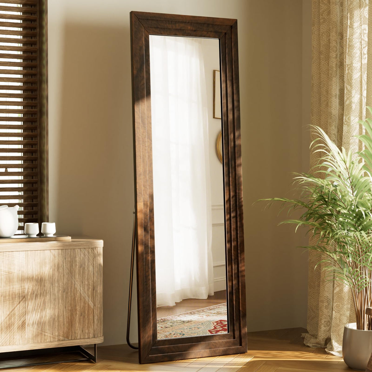 Full Length Mirror 65"X22", Walnut Large Floor Mirror with Solid Wood Frame