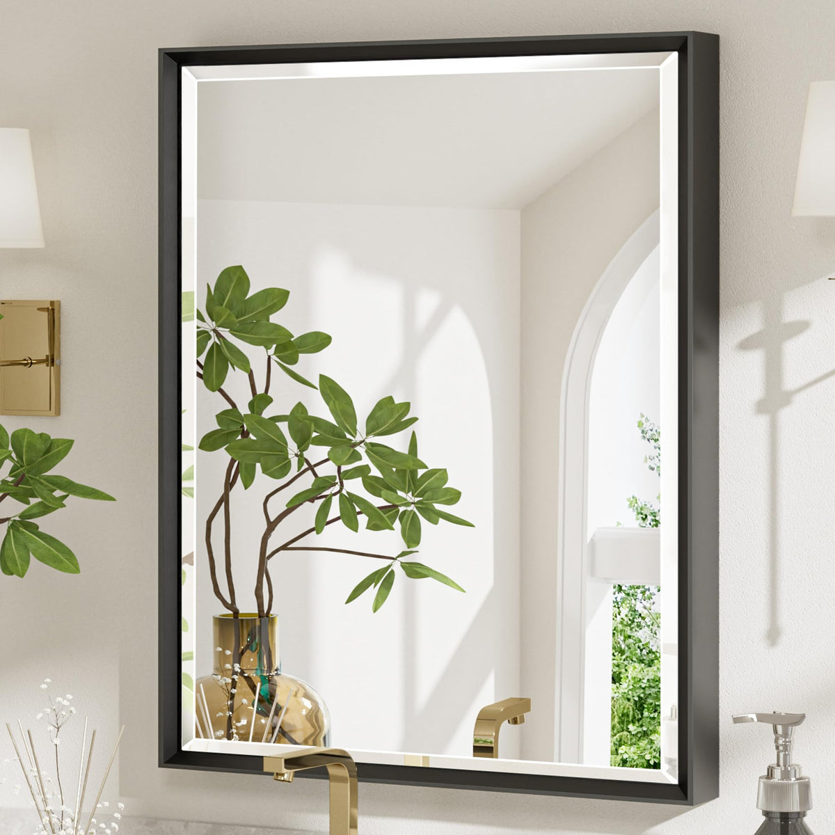 Brushed Nickel Bathroom Mirror, 24x32 Inch Beveled Framed Bathroom Mirror Anti-Rust, Brushed Nickel Metal Frame Bathroom Vanity Mirror for Wall, Vertical/Horizontal Wall-Mounted Mirrors