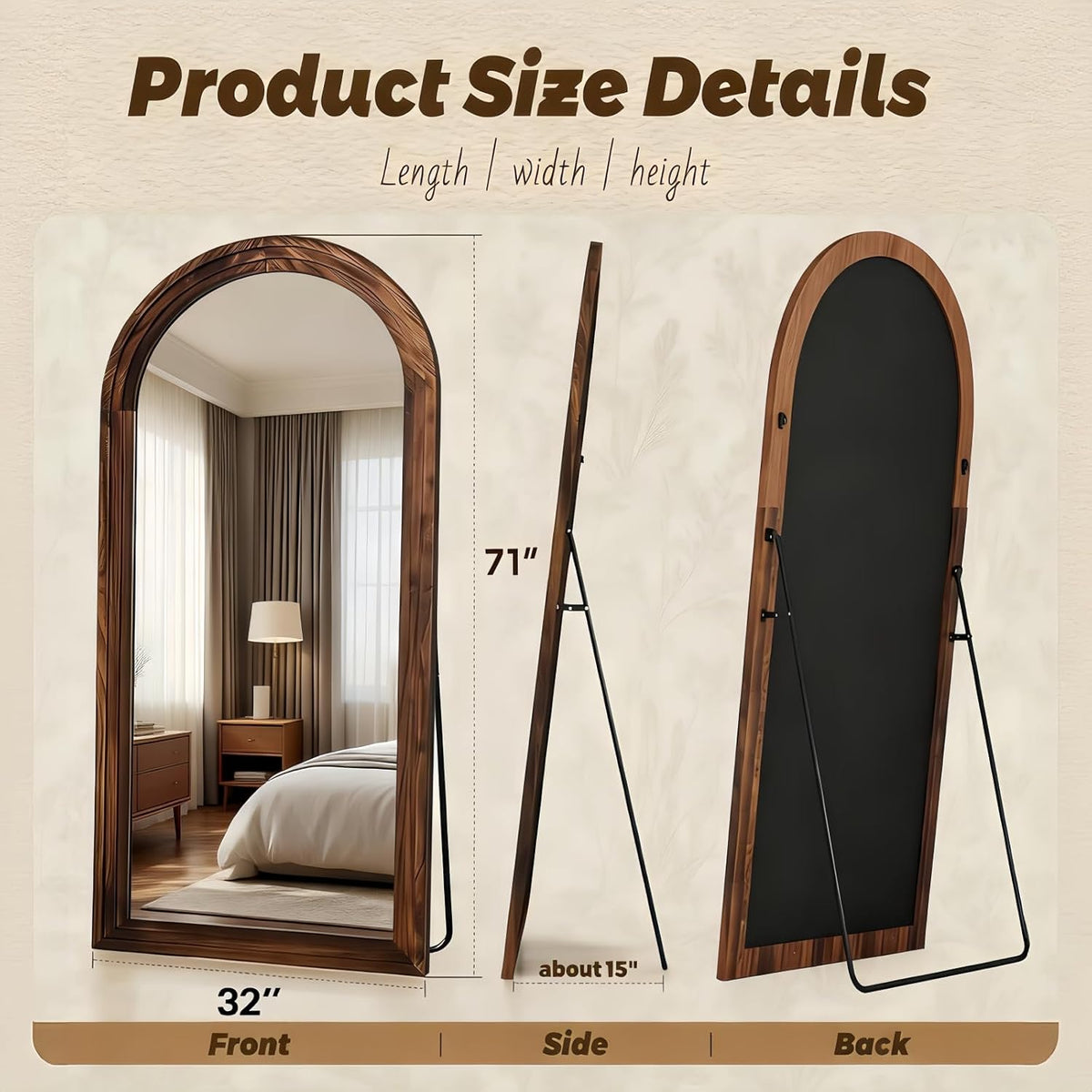 Arched Full Length Mirror, 71"x32" Floor Mirror, Walnut
