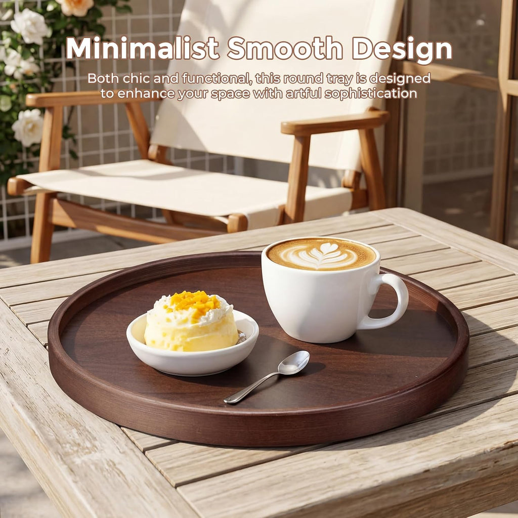 Round Bamboo Tray, 12 Inch Decorative Serving Tray with Walnut Finish Coffee Table Tray, Natural Bamboo Ottoman Tray for Vanity, Snacks, Vanity, Entryway & Home Decor