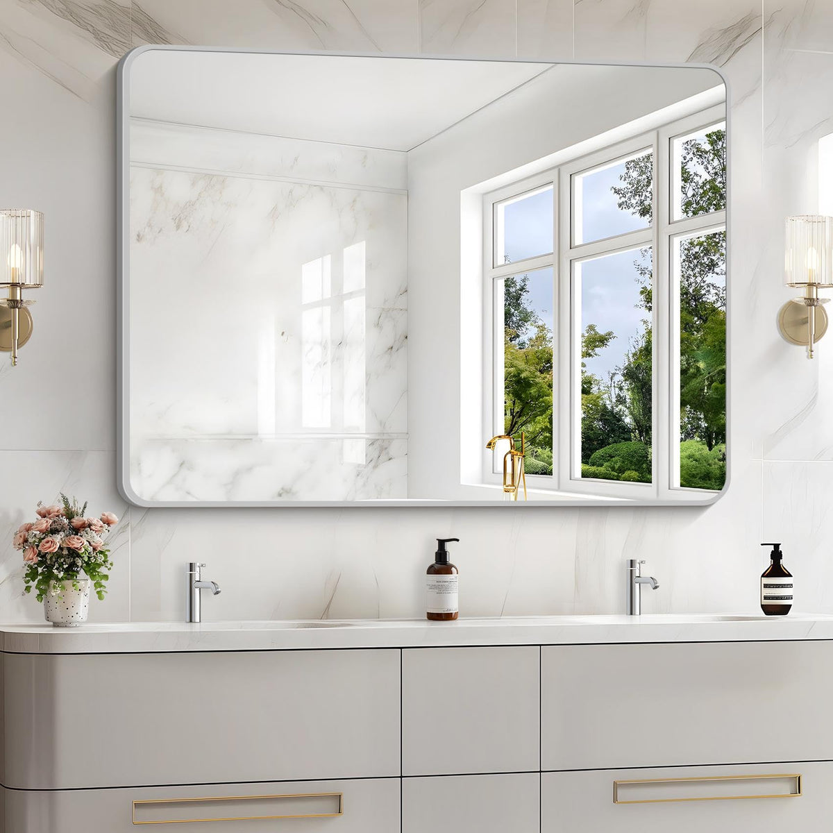 Black Bathroom Mirror, 28x42 inch Aluminum Metal Frame Rectangular Vanity Mirror, Wall Mounted Rectangle Mirrors with Rounded Corner for Bedroom Living Room Hangs Horizontal Or Vertical
