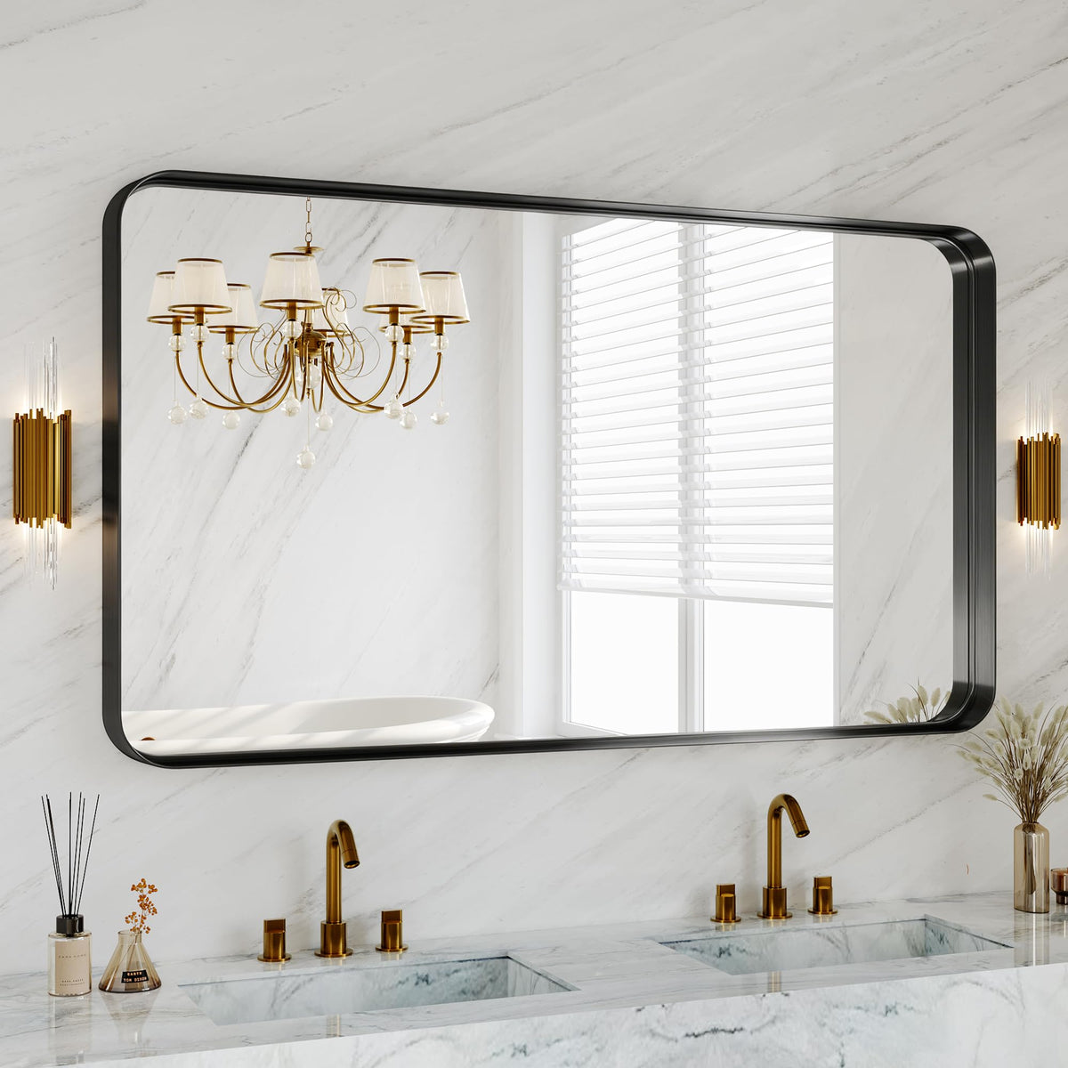 30x36 Inch Black Metal Framed Bathroom Mirror for Wall, HD Tempered Glass