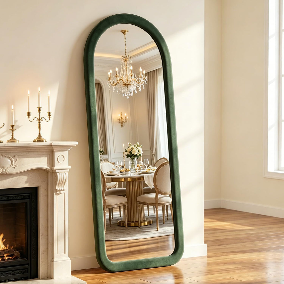 Full Length Mirror 56"x20" Arch Floor Mirror with Stand Arched Full Body Mirror Standing Hanging or Leaning Against Wall for Bedroom Flannel Wrapped Wooden Frame Purple