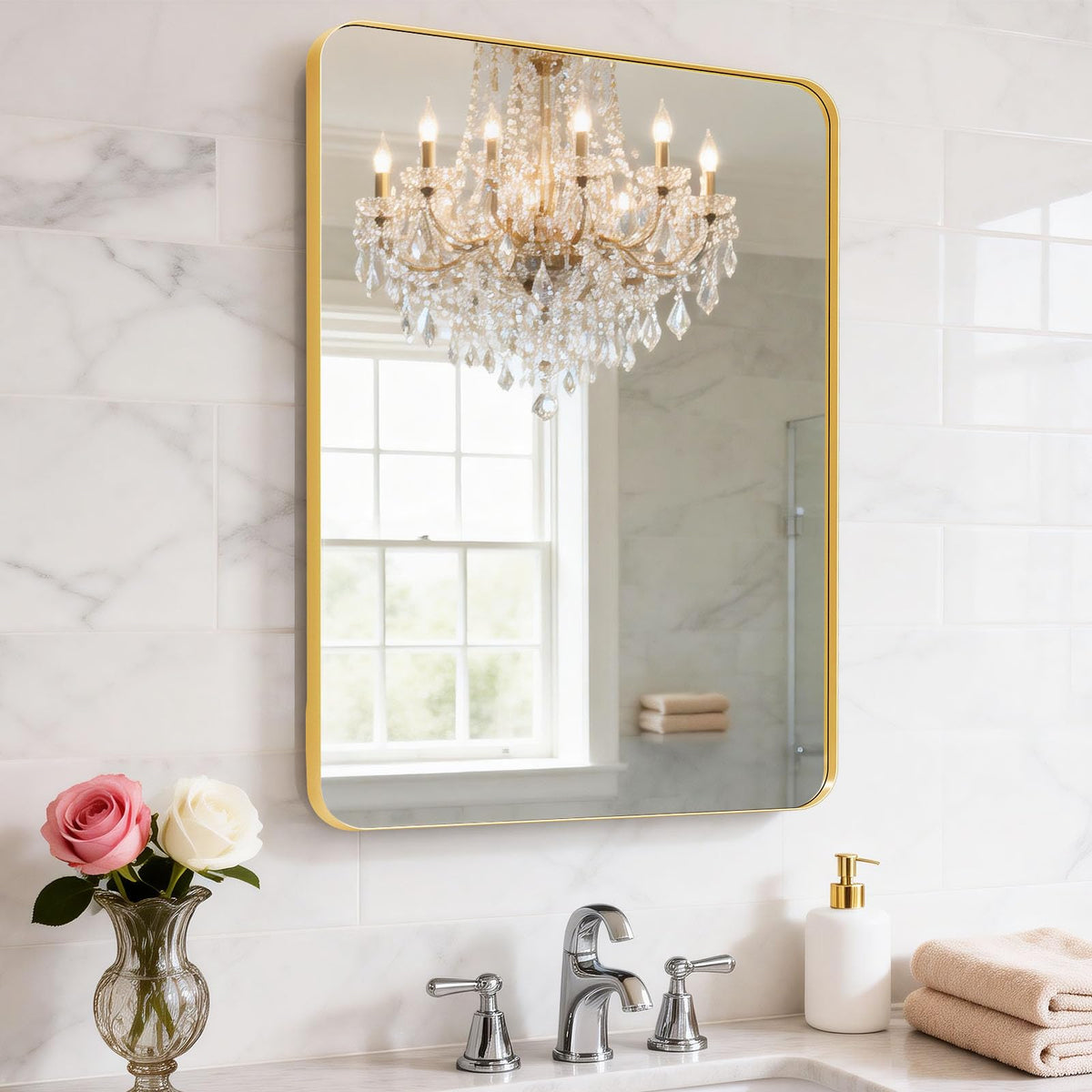 Black Bathroom Mirror 24 x 28 in Vanity Mirror,Metal Frame Wall Mirror,Farmhouse Rectangle Mirror, Bathroom Mirrors for Over Sink,Horizontal or Vertical Hanging