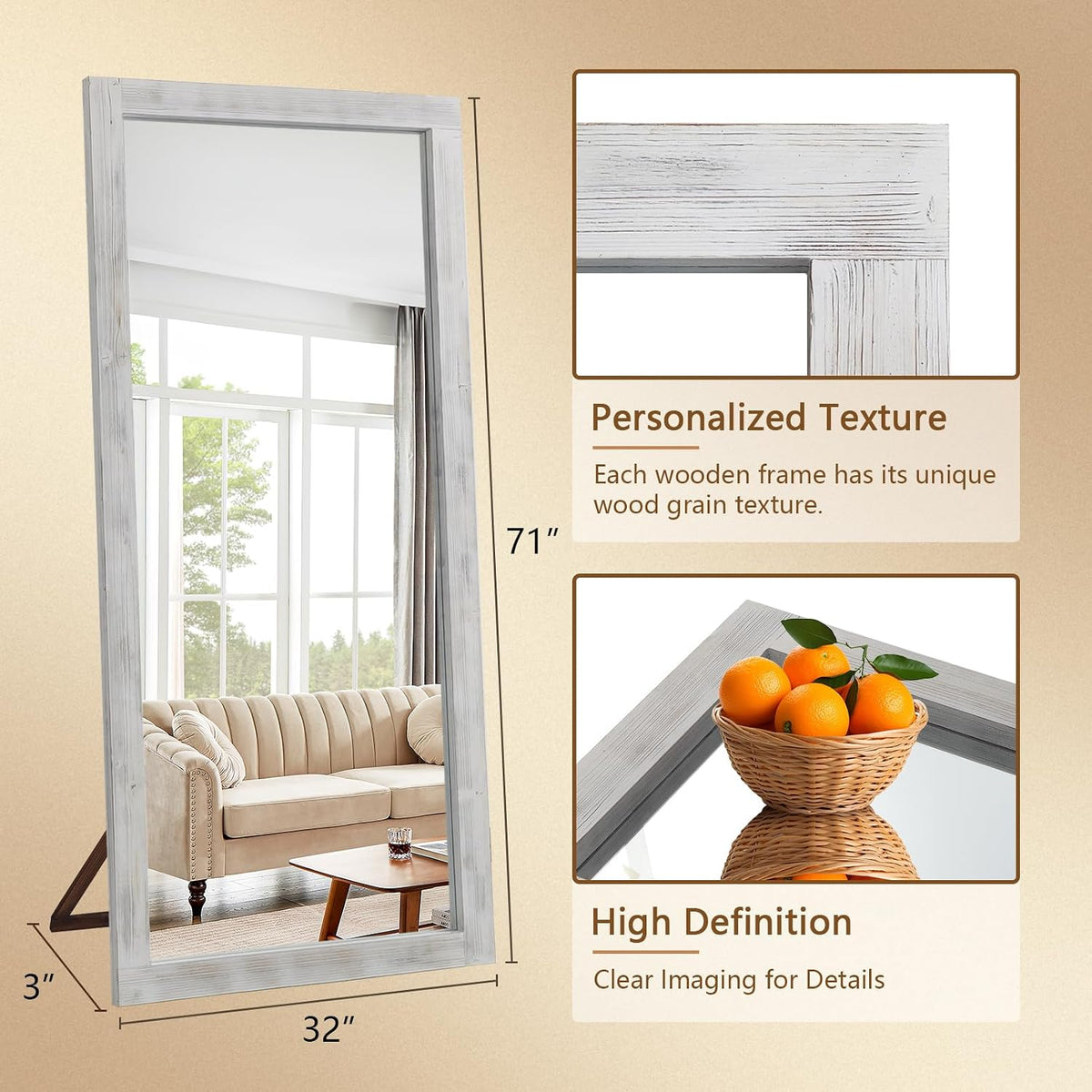 Rustic Farmhouse Full Length Mirror, 71"x32" Wood Large Mirror