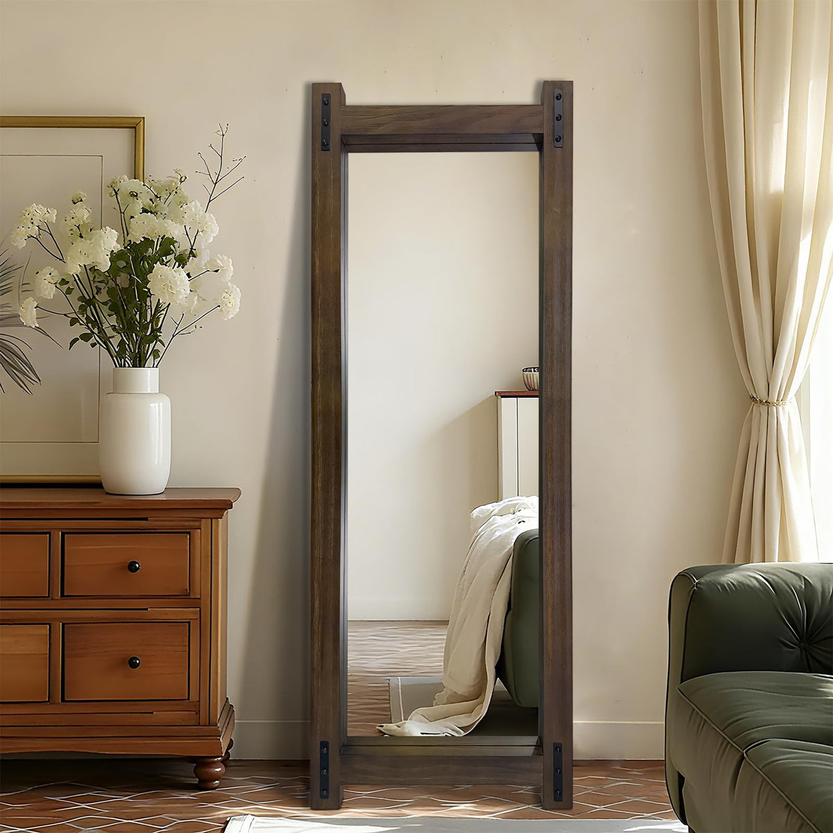 Wooden Standing Full Length Mirror Rustic Floor Full Body Wall Mounted Mirror for Farmhouse， 54"×19"