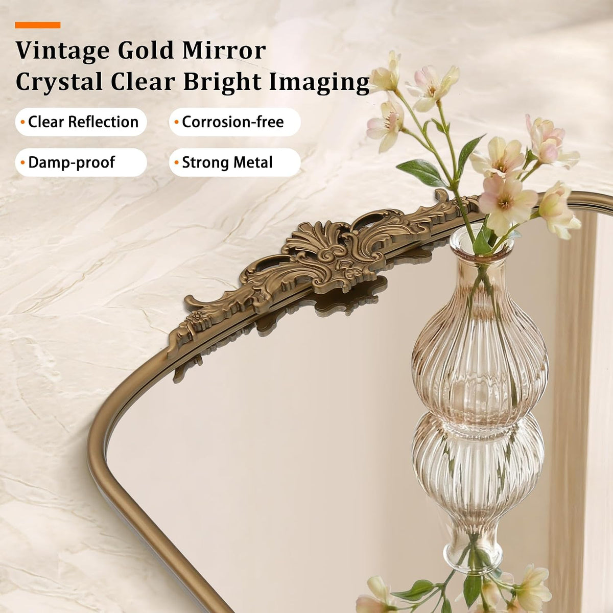 Besdomus Vintage Arched Gold Mirror: 40"x29" Large Brass Antique Decorative