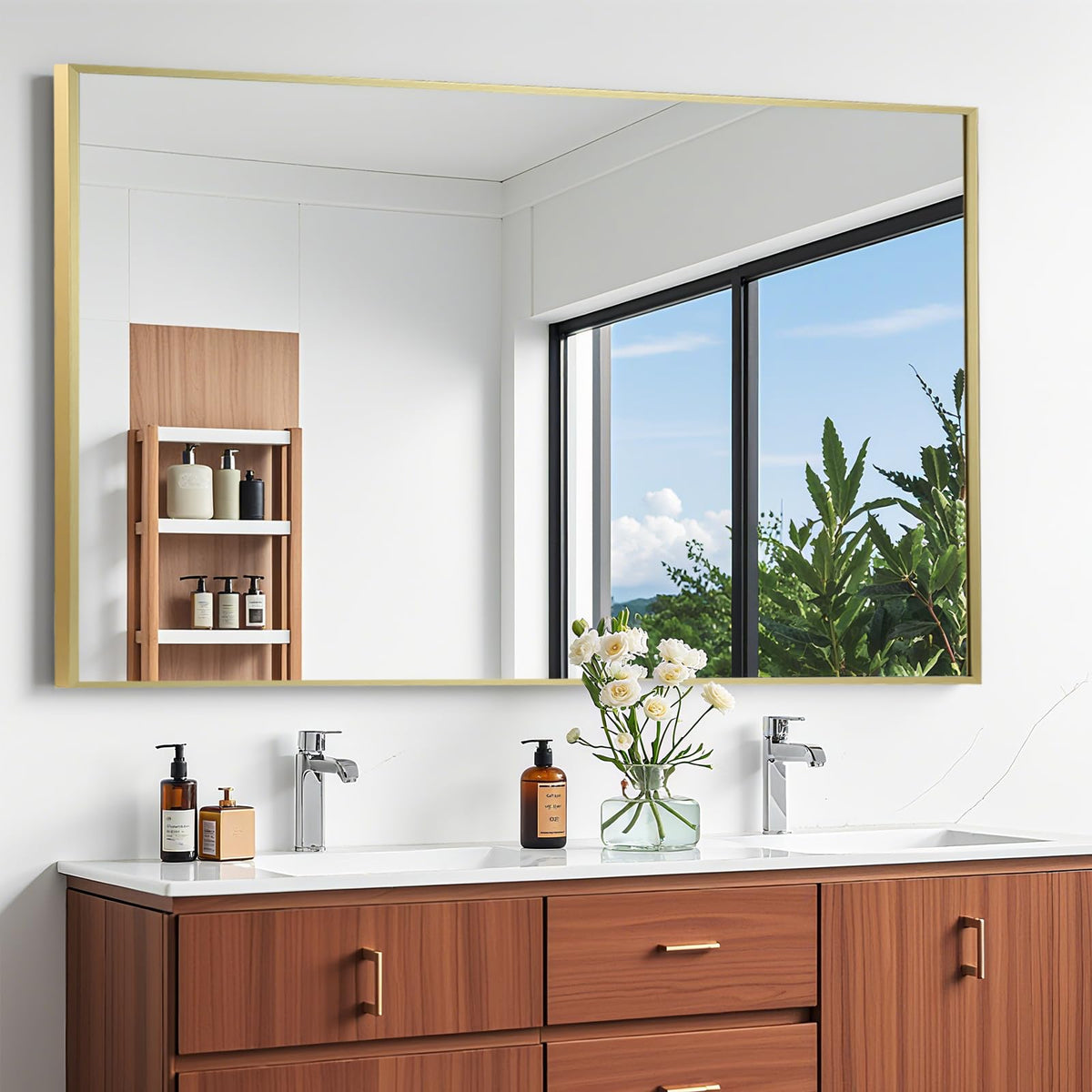 Brushed Nickel Bathroom Mirror, 30"x36" Rectangle Mirror, Brushed Mirror, Metal Frame Square Corner Vanity Mirror, Wall Mounted Mirror for Modern, Living Room, Bedroom, Horizontal Or Vertical