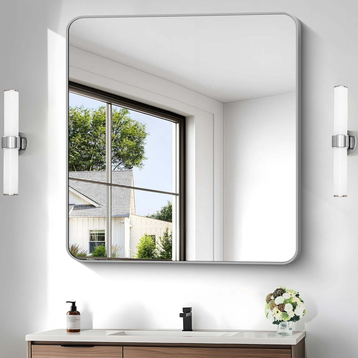 Black Bathroom Mirror, 28x42 inch Aluminum Metal Frame Rectangular Vanity Mirror, Wall Mounted Rectangle Mirrors with Rounded Corner for Bedroom Living Room Hangs Horizontal Or Vertical