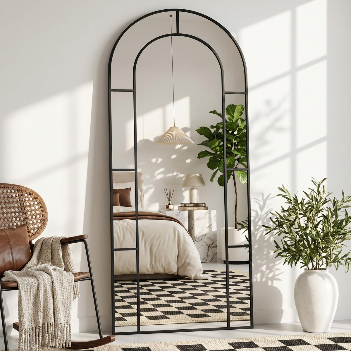 76" x 34" Arched Full Length Floor Mirror, Farmhouse Window Pane Mirror with Metal Frame, Decorative Leaning or Wall Mounted Mirror for Bedroom, Living Room, Entryway, Black