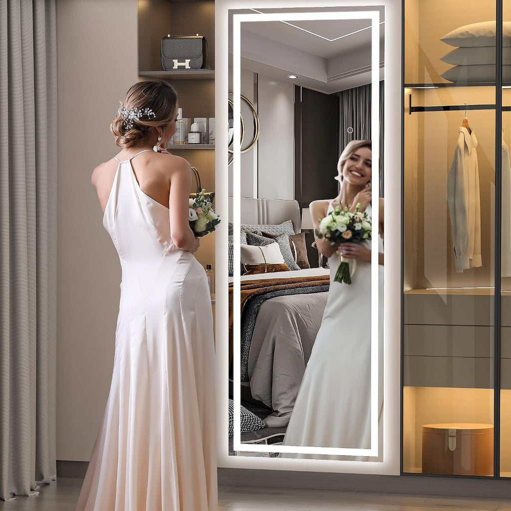 Hasipu Full Length Mirror with Lights, 67" x 20" LED Lighted Floor Standing, Full Body Dressing Hanging Mounted Mirror, Tempered Glass, Square White