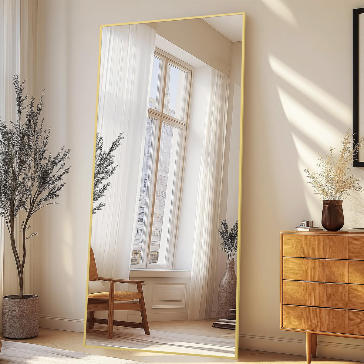 MirrMuse 76"x34" Large Arched Floor Mirror Full Length with Stand, Gold