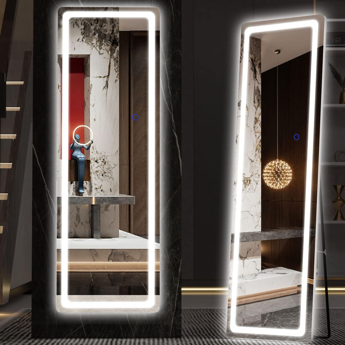 Hasipu Full Length Mirror with Lights, 67" x 20" LED Lighted Floor Standing, Full Body Dressing Hanging Mounted Mirror, Tempered Glass, Square White