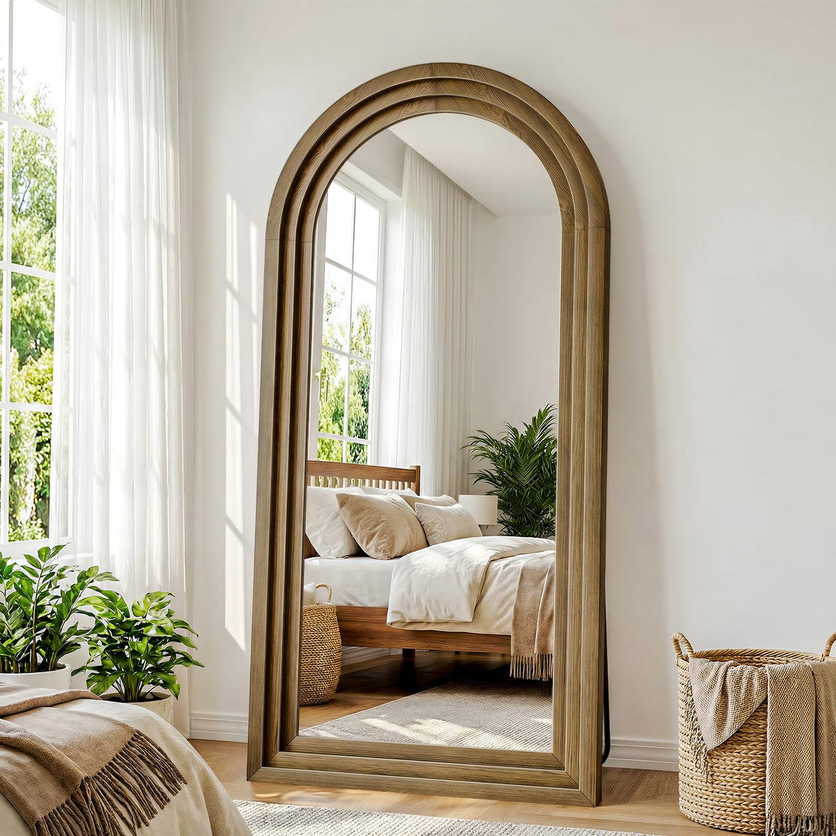 24"x65" Full Length Mirror Solid Wood Frame, Arched Floor Mirror Full Length with Stand, Room Decor Big Full Body Mirror with HD Tempered Glass for Bedroom, Living Room, Walnut Wood
