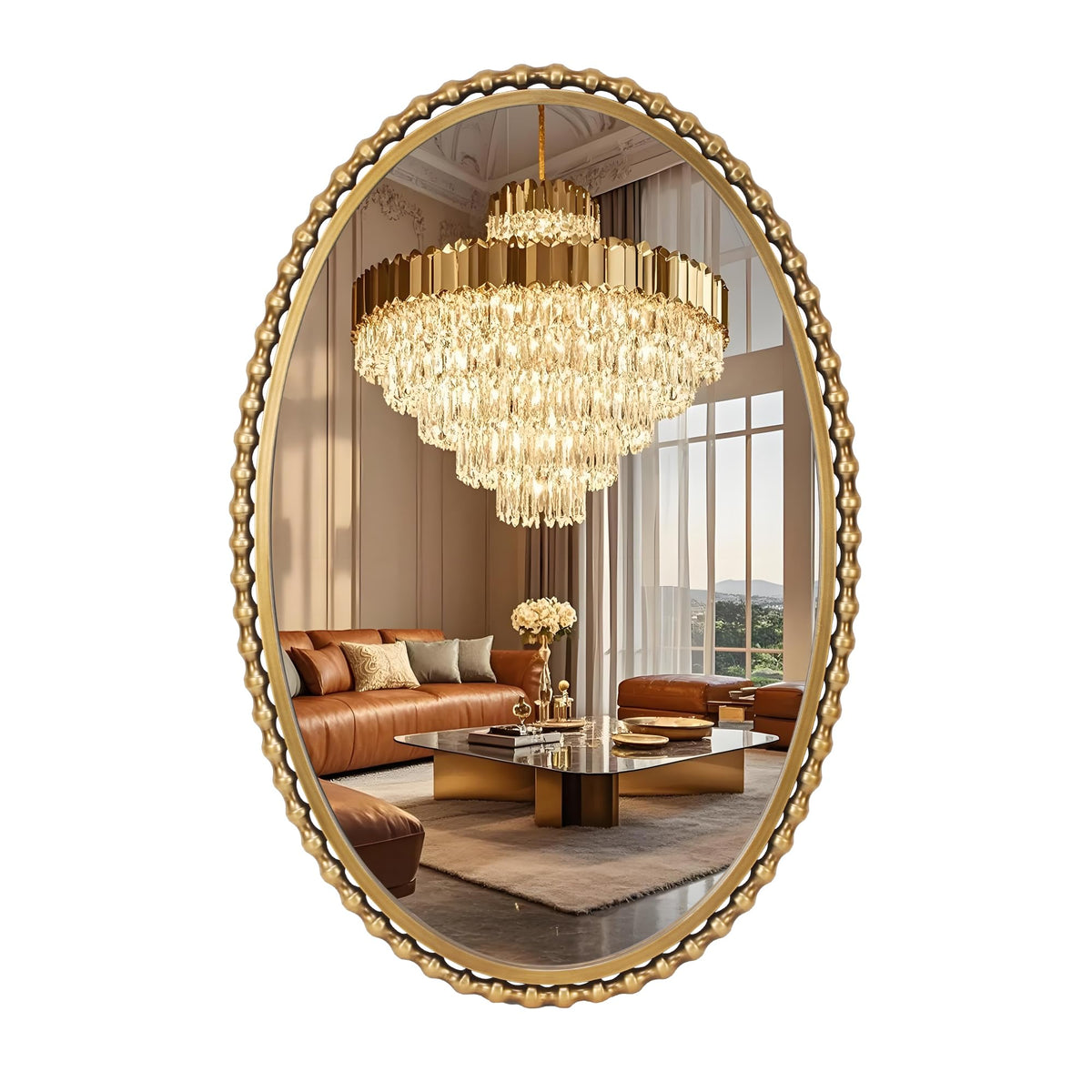 36"x28" Wide Arched Wall Mirror, Antique Gold Bold Beaded Frame