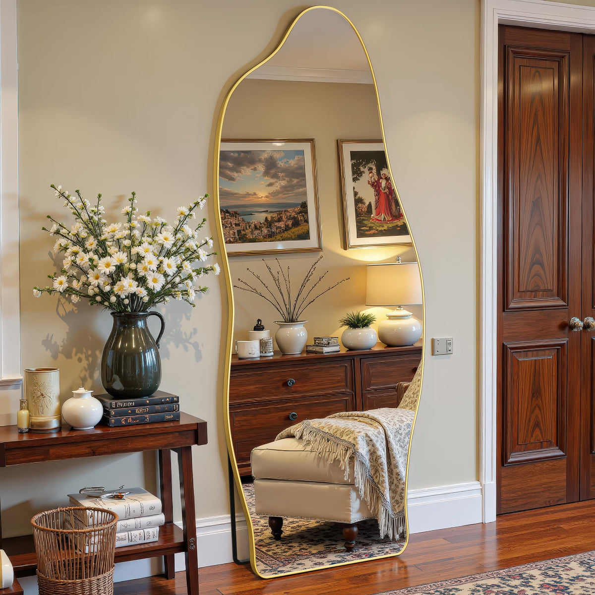 Antok Irregular Full Length Mirror, 76"x36" Asymmetrical Floor Mirror with Stand, Standing Hanging Leaning Irregular Mirrors for Bedroom Living Room Entryway, Wavy Shaped, Black