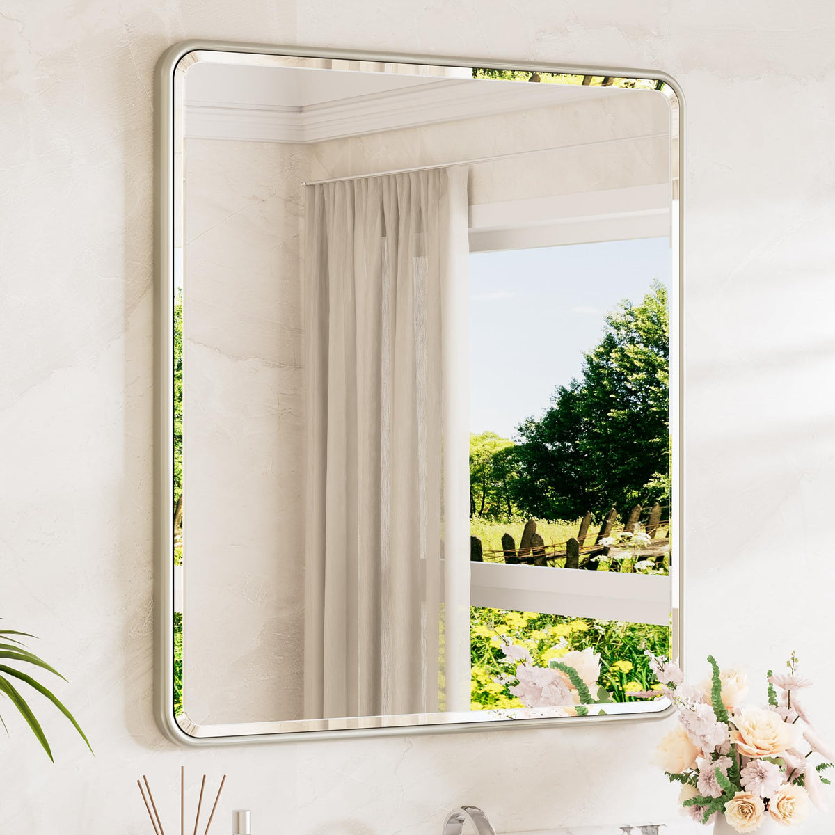 TETOTE Brushed Nickel Mirror 20 x 30 Beveled Edge Tempered Glass, Rounded Corner Rectangle Bathroom Mirror for Over Sink for Modern Bathroom, Living Room, Bedroom, Entryway