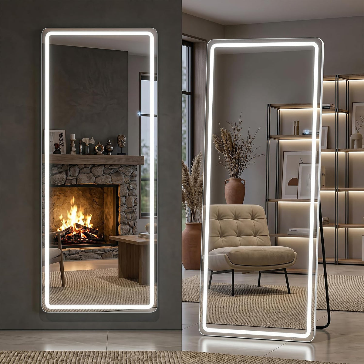 71"x32" Full Length Mirror with LED Lights, Dimmable Lighted Floor Mirror with 3 Color Lighting & Touch Control, Standing or Wall Mounted Full Body Mirror for Bedroom Dressing Room, White