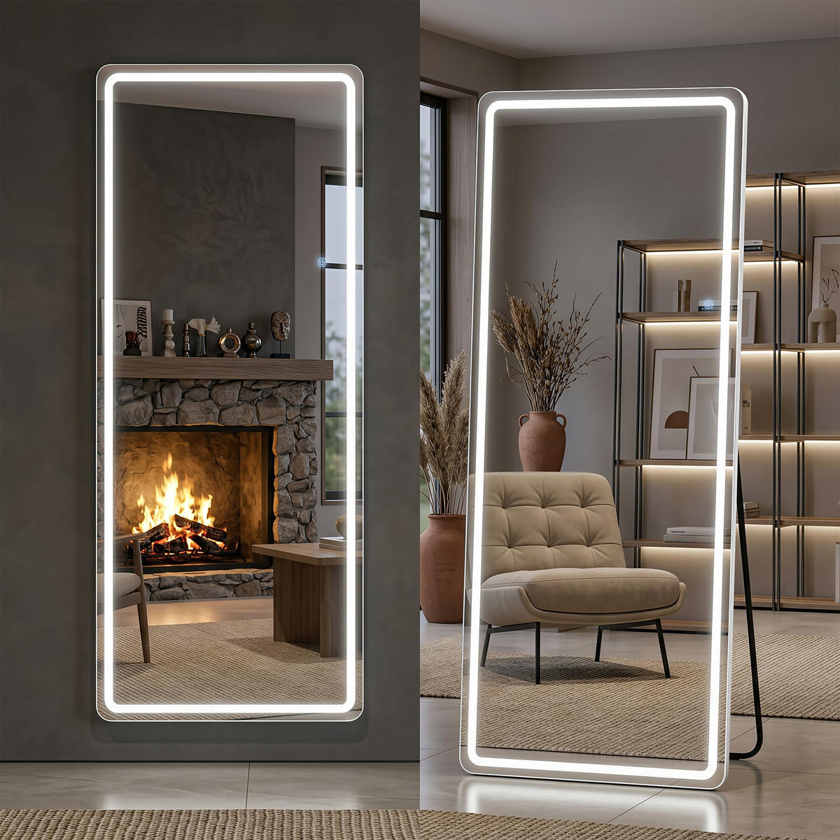 71"x32" Full Length Mirror with LED Lights, Dimmable Lighted Floor Mirror with 3 Color Lighting & Touch Control, Standing or Wall Mounted Full Body Mirror for Bedroom Dressing Room, White