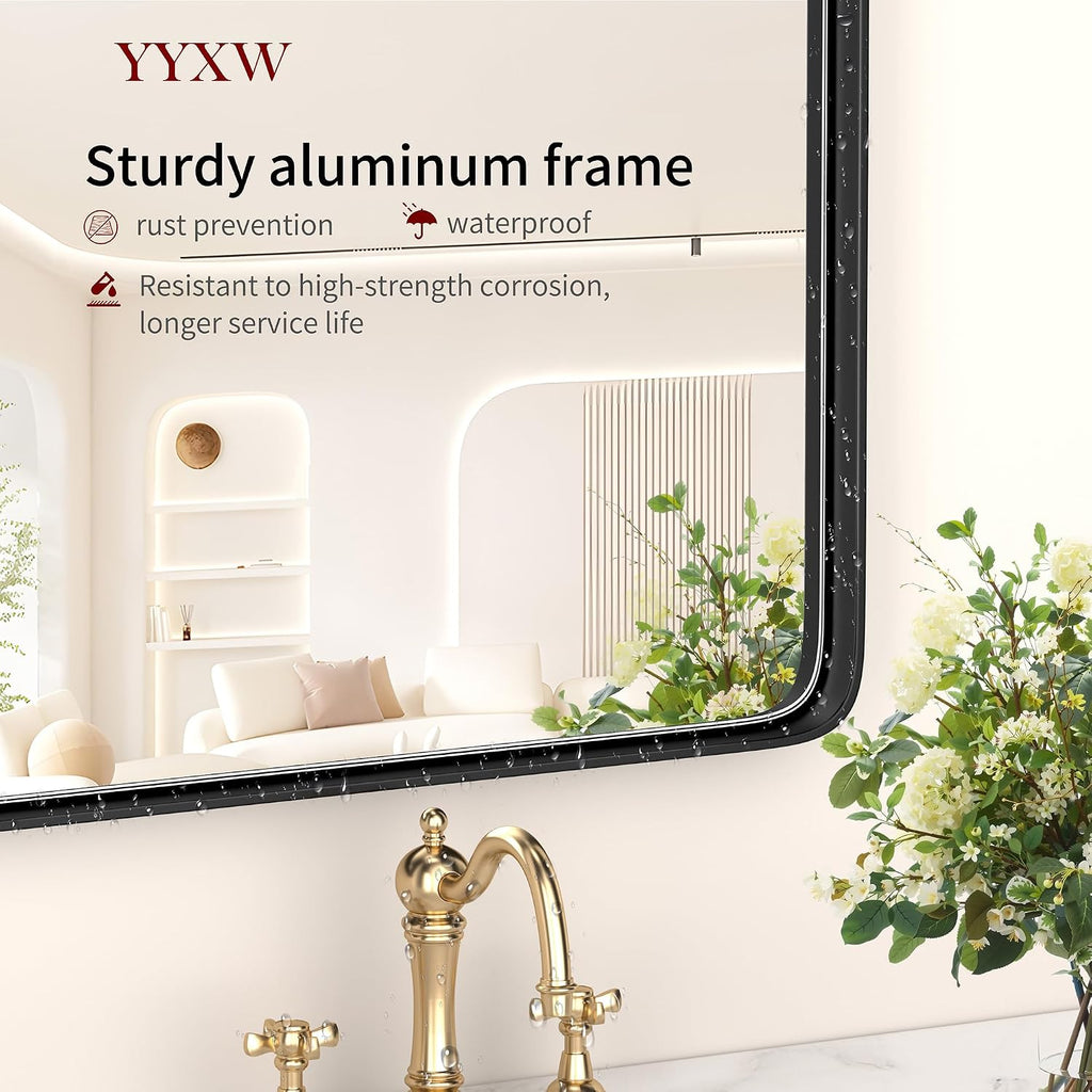 Black Bathroom Mirror 24 x 28 in Vanity Mirror,Metal Frame Wall Mirror,Farmhouse Rectangle Mirror, Bathroom Mirrors for Over Sink,Horizontal or Vertical Hanging