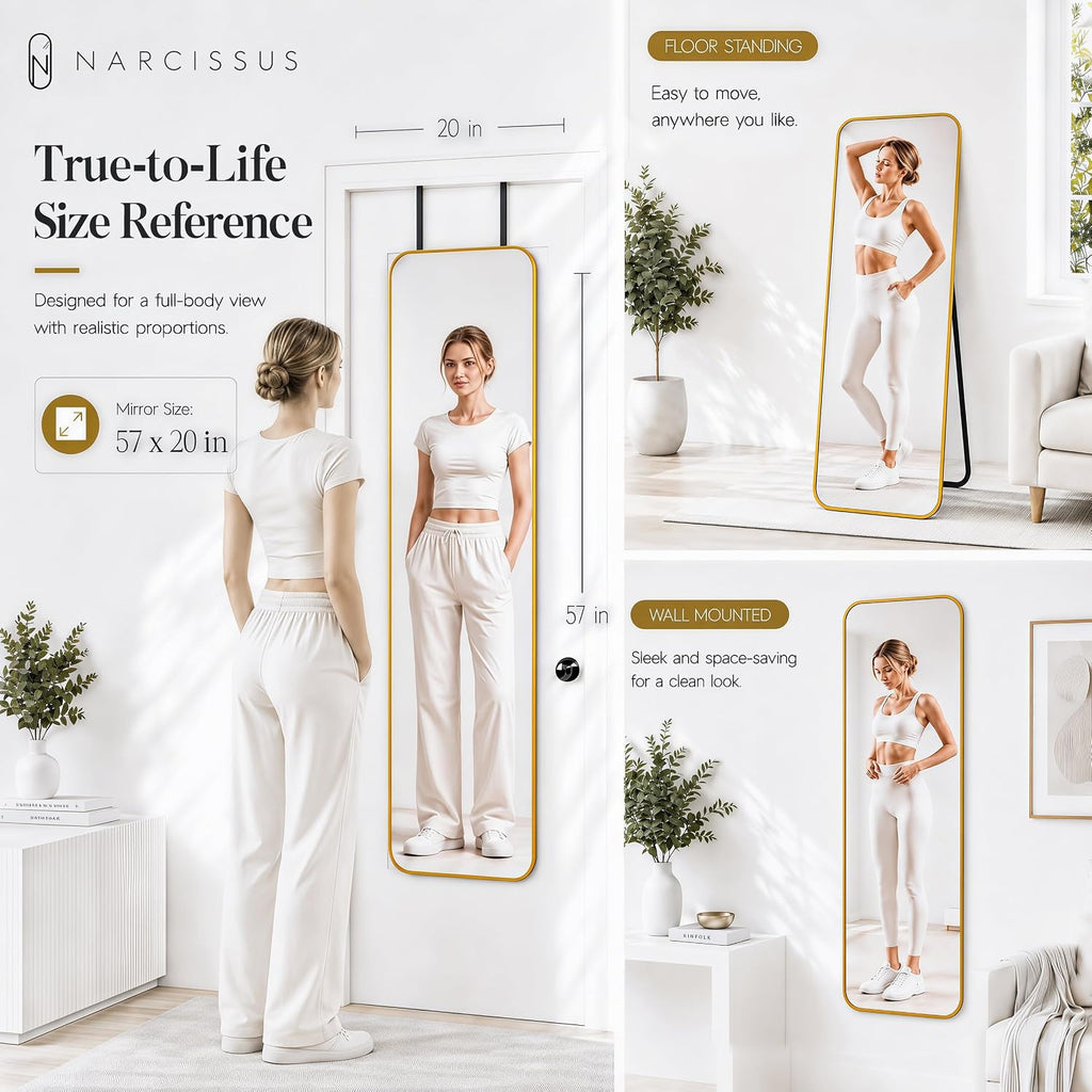 NARCISSUS 57x20 Full Length Mirror Over The Door or Freestanding/Wall Gold