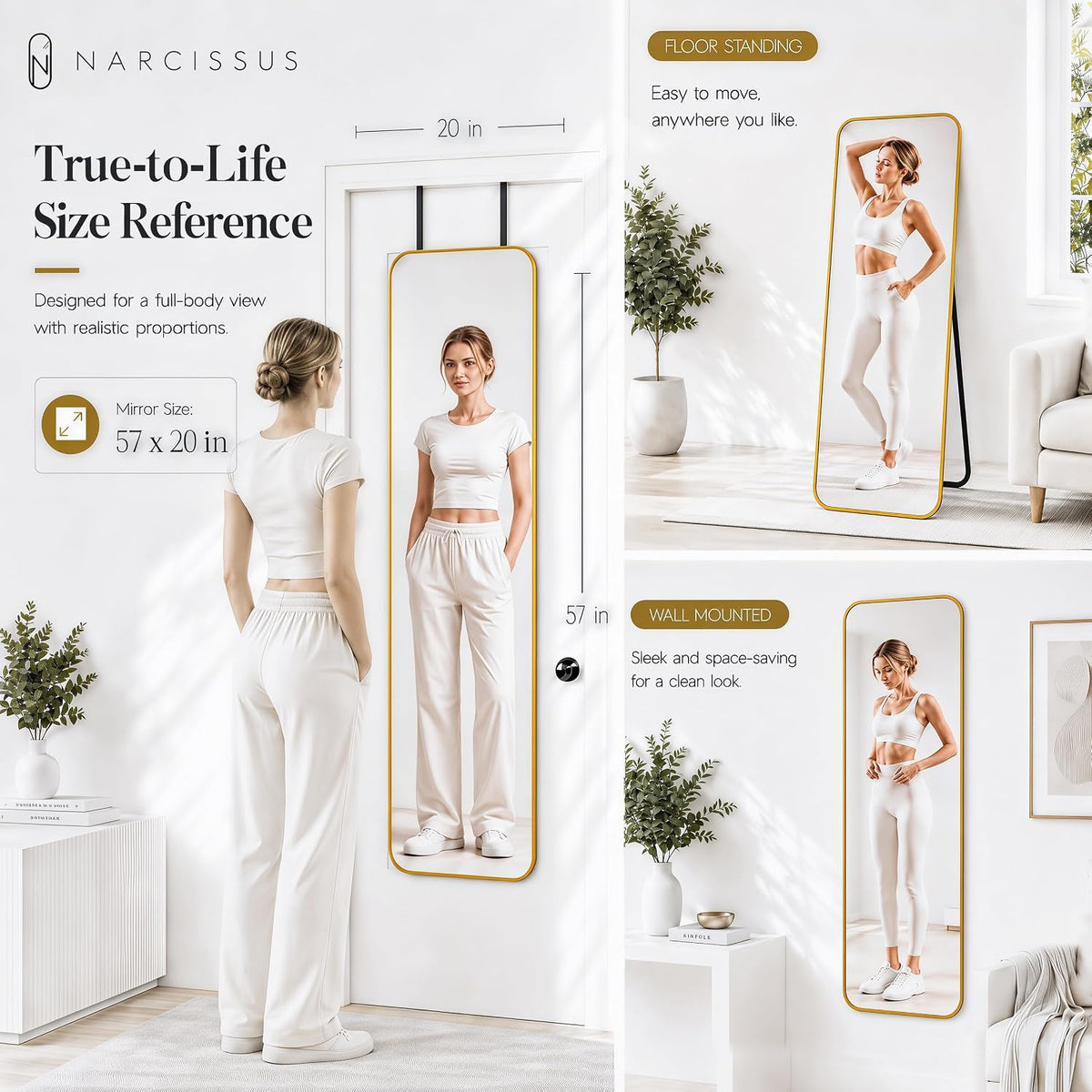 NARCISSUS 57x20 Full Length Mirror Over The Door or Freestanding/Wall Gold