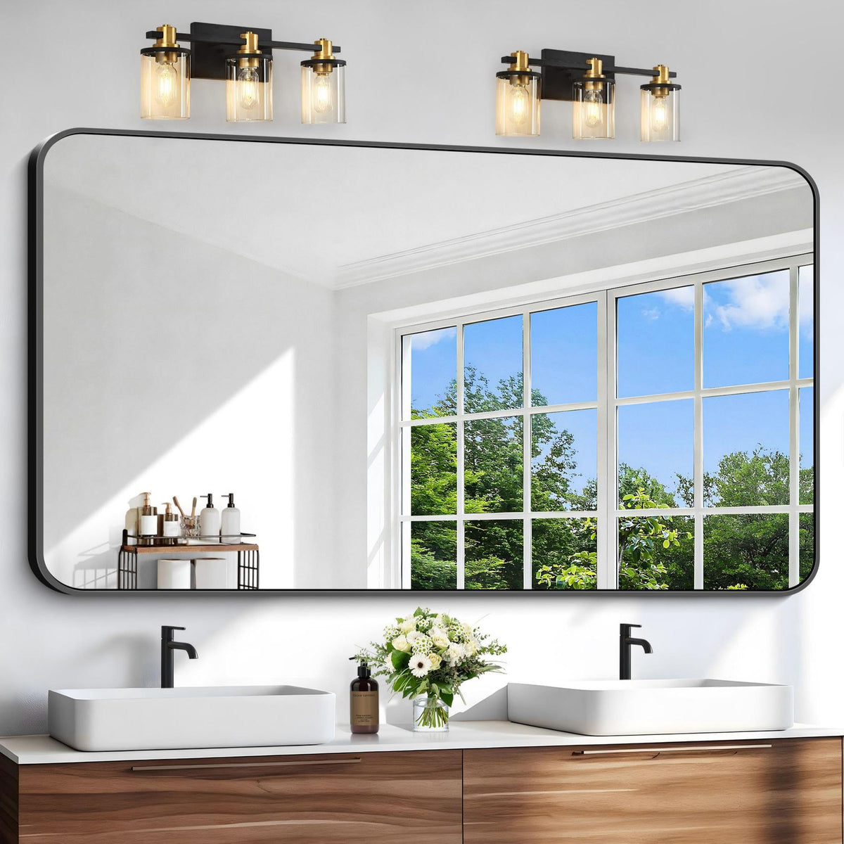 Black Bathroom Mirror, 28x42 inch Aluminum Metal Frame Rectangular Vanity Mirror, Wall Mounted Rectangle Mirrors with Rounded Corner for Bedroom Living Room Hangs Horizontal Or Vertical