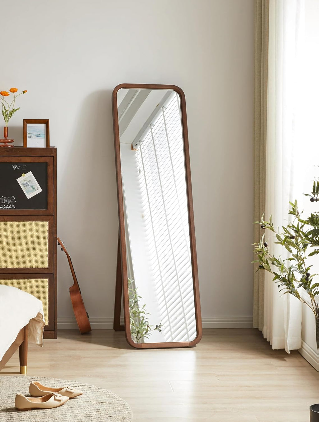 KEIKI Freestanding Floor Mirror with Stand, 2-in-1 Wall Mounted Dressing Mirror, Full Length Body Mirror for Bedroom Living Room, Walnut