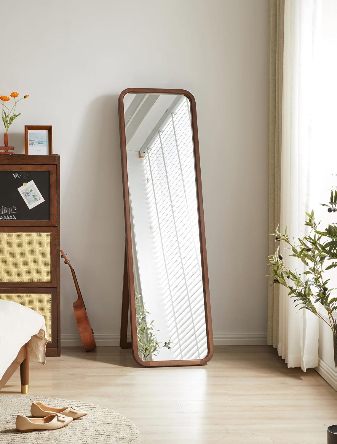 KEIKI Freestanding Floor Mirror with Stand, 2-in-1 Wall Mounted Dressing Mirror, Full Length Body Mirror for Bedroom Living Room, Walnut