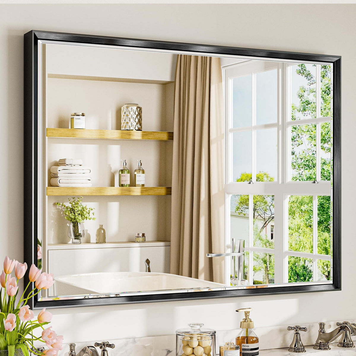 Brushed Nickel Bathroom Mirror, 24x32 Inch Beveled Framed Bathroom Mirror Anti-Rust, Brushed Nickel Metal Frame Bathroom Vanity Mirror for Wall, Vertical/Horizontal Wall-Mounted Mirrors
