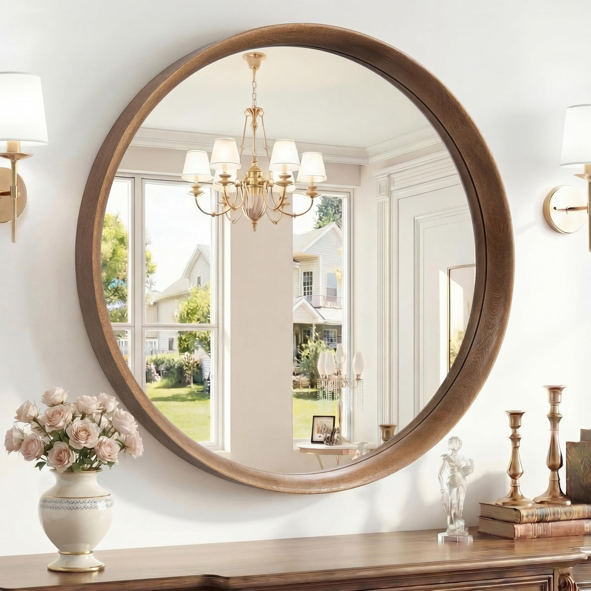Brakki Round Wall Mirror with Wood Frame, 36" Circle Mirror for Bathroom