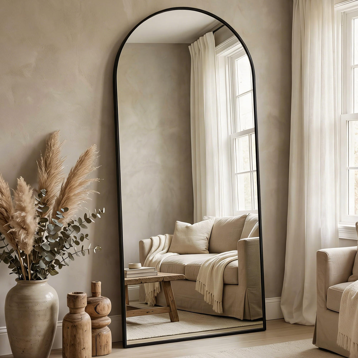 Antok 58" x 20" Arched Full Length Floor Mirror, Aluminum Frame, Black