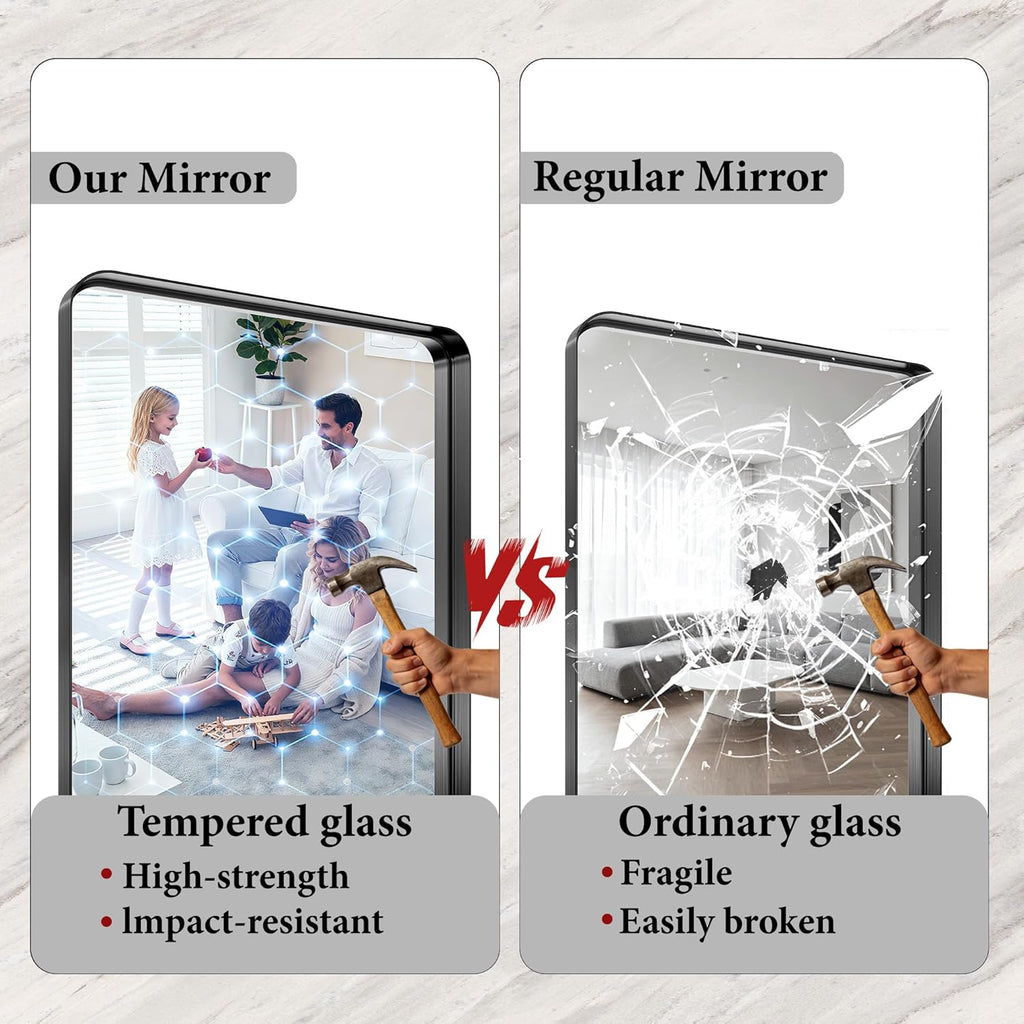 30x36 Inch Black Metal Framed Bathroom Mirror for Wall, HD Tempered Glass