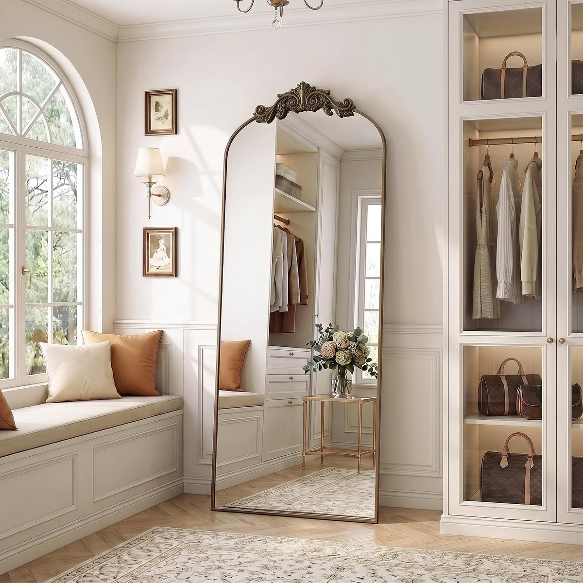 Antok Arched Full Length Mirror, 71"x28" Floor Mirror with Carved, Bronze