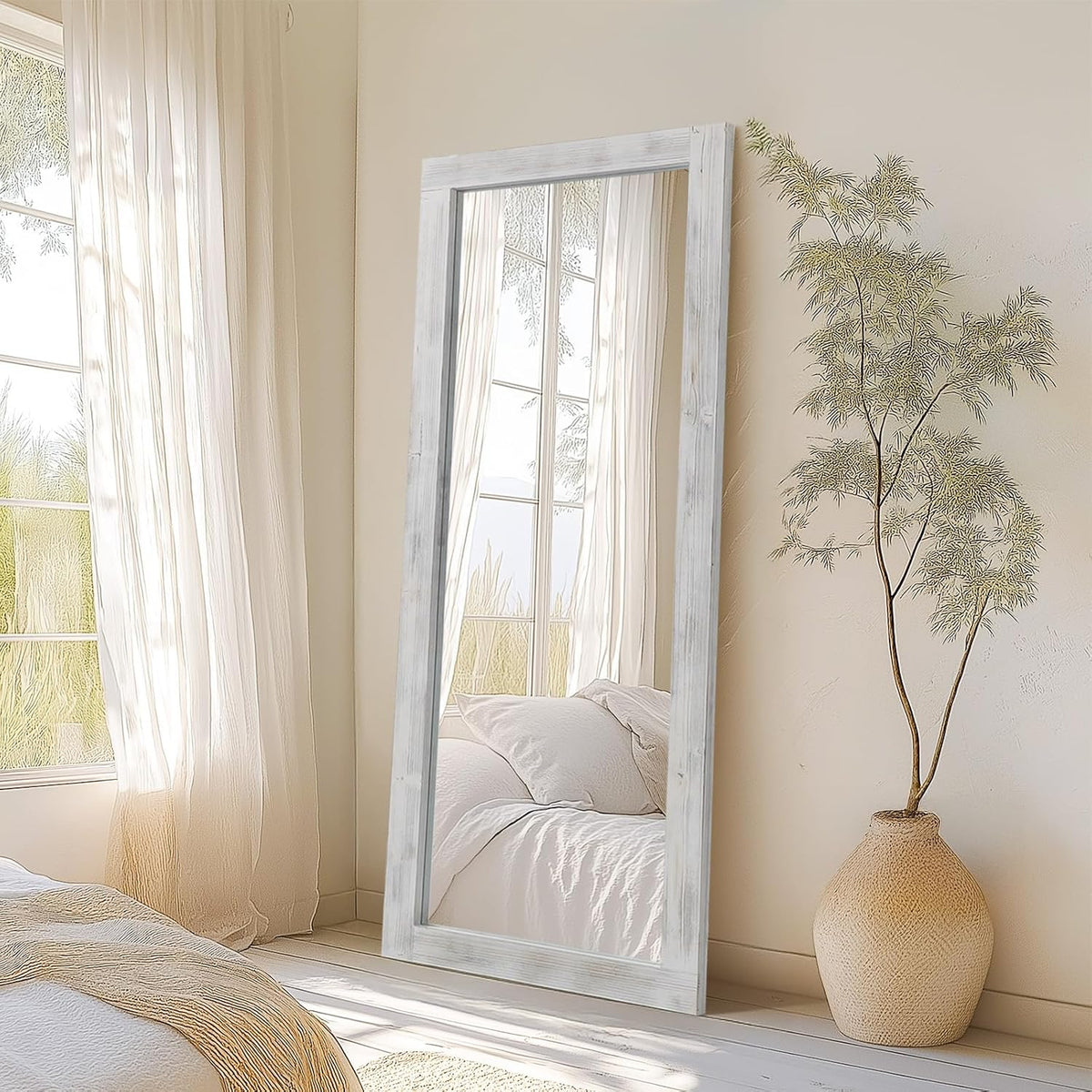 MirrMuse Rustic Floor Full Length Mirror Wood Frame, 56"x21" White Mirror