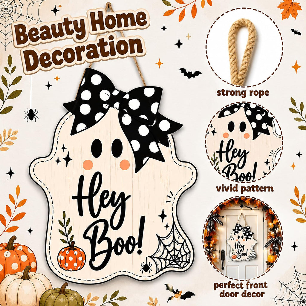 Halloween Party Decorations - Hey Boo Wooden Ghost Sign for Front Door