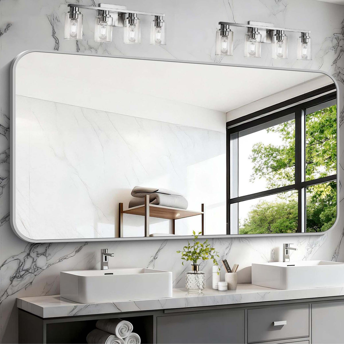 Black Bathroom Mirror, 28x42 inch Aluminum Metal Frame Rectangular Vanity Mirror, Wall Mounted Rectangle Mirrors with Rounded Corner for Bedroom Living Room Hangs Horizontal Or Vertical