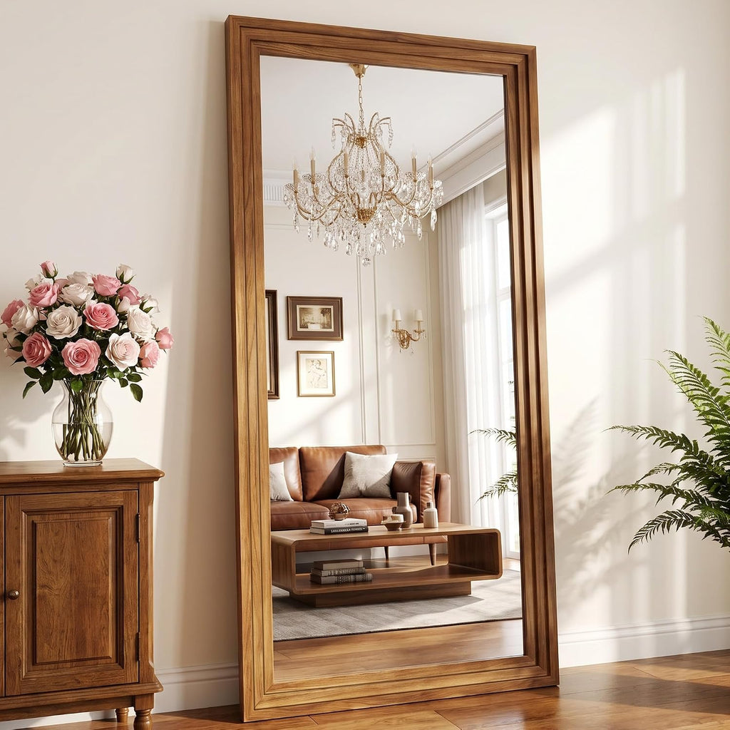71"x32" Full Length Mirror, Large Wood Floor Mirror, Brown