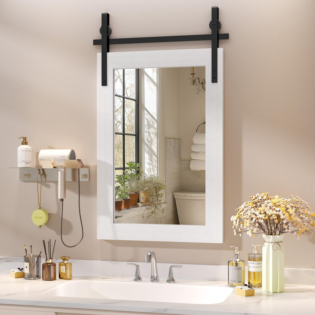 Hasipu Farmhouse Bathroom Mirror, 40"x26" Rustic Wood Framed Wall Mounted Mirror, Black Vintage Vanity Mirror Barn Door Style Decrative Mirrors