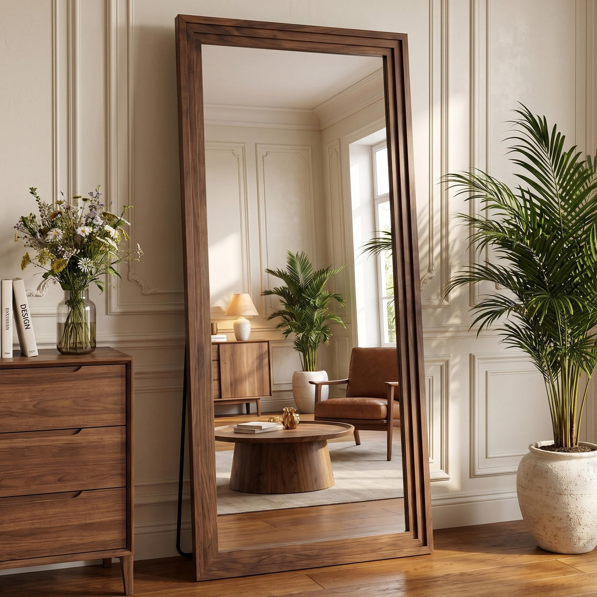 71"x32" Full Length Mirror, Large Wood Floor Mirror, Brown