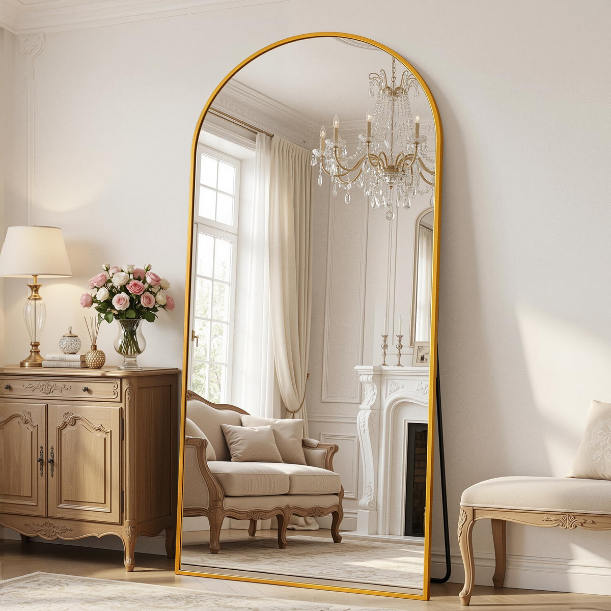 Antok 58" x 20" Arched Full Length Floor Mirror, Aluminum Frame, Black