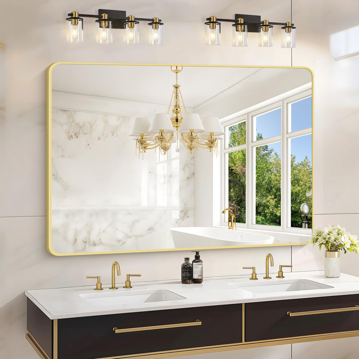 Black Bathroom Mirror, 28x42 inch Aluminum Metal Frame Rectangular Vanity Mirror, Wall Mounted Rectangle Mirrors with Rounded Corner for Bedroom Living Room Hangs Horizontal Or Vertical