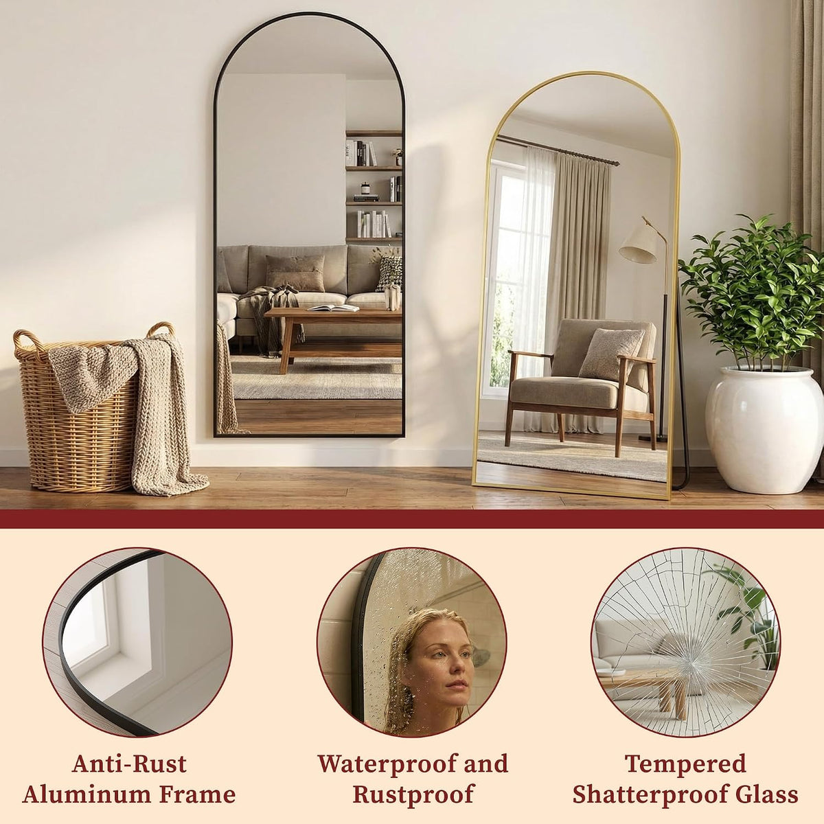Suidia 71"x28" Arched Full Length Mirror with Stand, Black Floor Mirror
