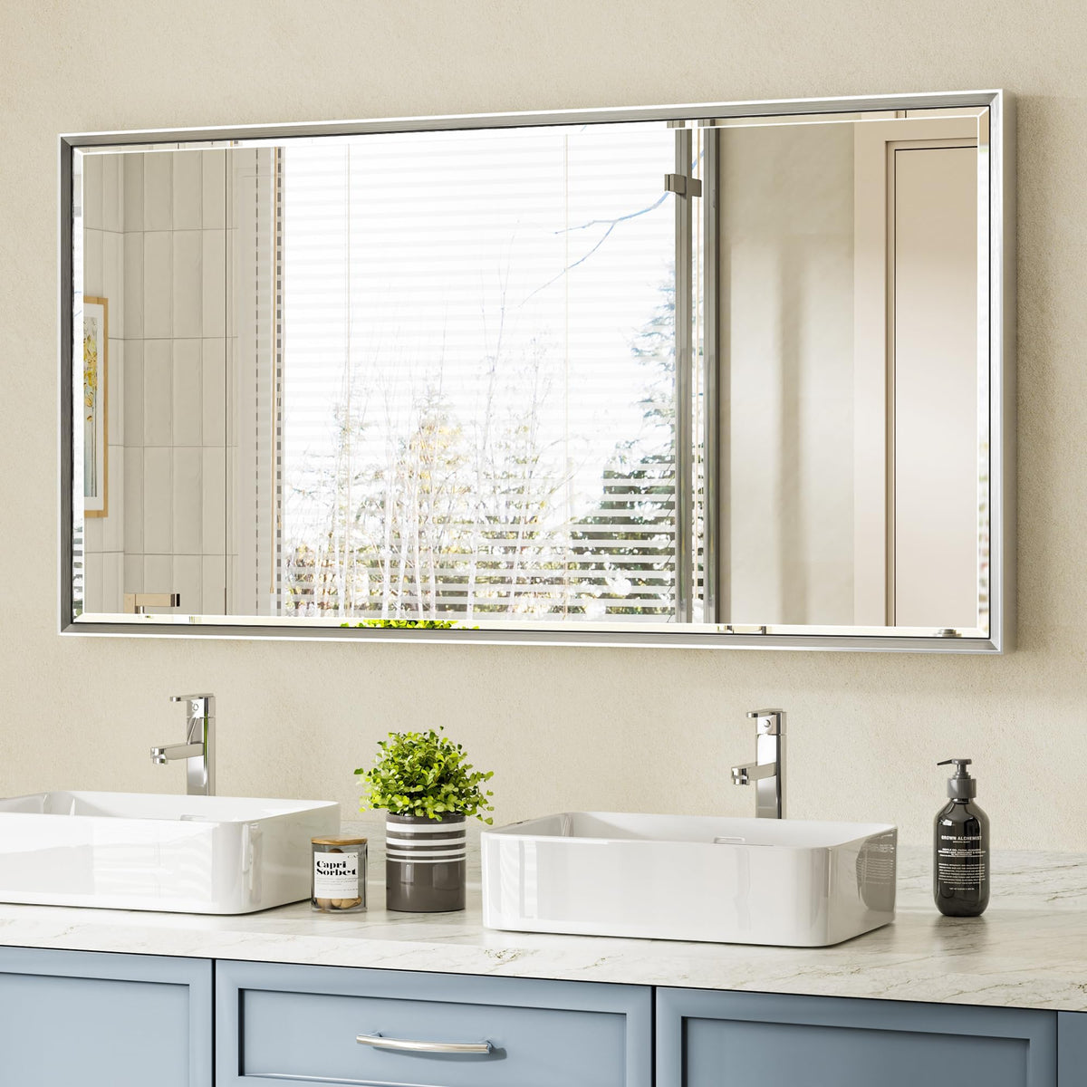 Brushed Nickel Bathroom Mirror, 24x32 Inch Beveled Framed Bathroom Mirror Anti-Rust, Brushed Nickel Metal Frame Bathroom Vanity Mirror for Wall, Vertical/Horizontal Wall-Mounted Mirrors